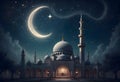 Serene night scene with crescent moon illuminating sky, mosque silhouette, Generative AI Royalty Free Stock Photo