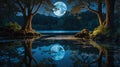 Enchanting Moonlight Reflection on Calm Lake at Night Surrounded by Forest Royalty Free Stock Photo