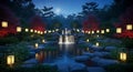 illuminated waterfall garden with lanterns, trees, and a reflective pond under the moonlight Royalty Free Stock Photo