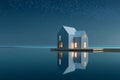 A serene night scene featuring a modern house with a reflective surface in front of it, likely water given the reflection. The Royalty Free Stock Photo
