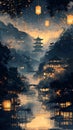 Ancient Oriental Town under the Night Royalty Free Stock Photo