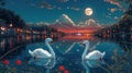 Romantic Swans on Moonlit Lake at Night Royalty Free Stock Photo
