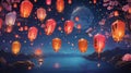 Serene Night Sky with Colorful Lanterns