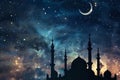 Serene Night Sky Illuminating Silhouetted Mosque Minarets and Domes Royalty Free Stock Photo