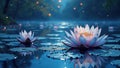 Serene nighttime lotus blooming in tranquil pond under moonlight Royalty Free Stock Photo