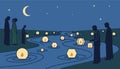 A serene nighttime scene where lanterns float in a river symbolizing remembrance and hope as people gather in silent Royalty Free Stock Photo