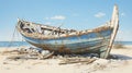 Serene nostalgia old fishing boat on sandy seashore, evoking tranquil coastal memories