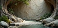 Serene oasis ancient tree roots frame a tranquil pool of water within a rock formation. Generative AI Royalty Free Stock Photo