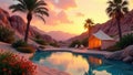 Serene oasis sunset view of a private pool and desert tent retreat. Generative AI Royalty Free Stock Photo
