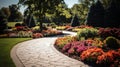 Serene Oasis: Vibrant Flowers and Pristine Landscaping in Sunlit Garden