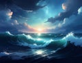 serene ocean scene at sunset, featuring dynamic waves under a beautiful sky with clouds illuminated by warm, soft light. Royalty Free Stock Photo