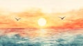 Serene ocean sunrise with birds and vibrant sky reflections Royalty Free Stock Photo