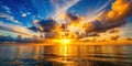 Serene ocean sunset with golden clouds and sun rays. Generative AI Royalty Free Stock Photo