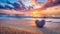 Serene ocean sunset scene with a heart-shaped stone on the beach. Generative AI Royalty Free Stock Photo