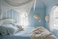 Easter themed, ocean-themed bedroom with light blue walls and a canopy bed. gentle sea breeze from open windows Royalty Free Stock Photo