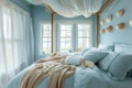 Easter themed, ocean-themed bedroom with light blue walls and a canopy bed. gentle sea breeze from open windows Royalty Free Stock Photo