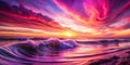 Serene ocean wave rolling in during a vibrant sunset with dramatically colored clouds. Generative AI Royalty Free Stock Photo
