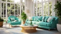 Serene Oceanic Vistas: Greenery-filled Sun Room With Turquoise Sofas Royalty Free Stock Photo