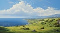 Serene Oceanic Vistas: A Realistic Oil Painting Of An Antique Greek Island