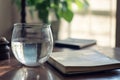 A serene office scene featuring a book and water glass on a polished table surface Royalty Free Stock Photo