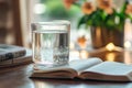 A serene office scene featuring water and a book resting on a table for inspiration Royalty Free Stock Photo