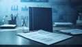 close up of business documents and pens on a modern office desk with blurred background and blue lighting ambiance Royalty Free Stock Photo