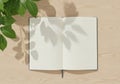 Serene open notebook surrounded by natural sunlight and leaf shadows on textured surface Royalty Free Stock Photo