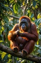 An Orangutan Feeds on Fruit While Resting on a Tree Branch in the Lush Jungle Royalty Free Stock Photo