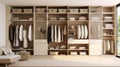 Serene And Organized: Earth Tone Wooden Closet With Shelves