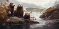 Serene Otter Family by the River, AI Generated