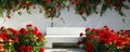 Serene outdoor garden setting with vibrant red roses and a minimalistic white bench Royalty Free Stock Photo