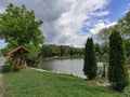 Serene outdoor summer scene at fishing pond