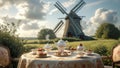 Elegant outdoor tea party with windmill backdrop captures a serene pastoral scene Royalty Free Stock Photo