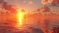 A serene paddleboarder on calm waters with a stunning orange sunrise and clouds. Royalty Free Stock Photo