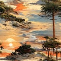 Serene painting of a beach with trees and a sunset (tiled)