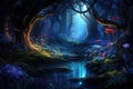A serene painting depicting a lush forest with a gentle stream flowing through it, A magical forest scene with bioluminescent