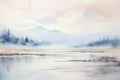 A serene painting depicting a tranquil lake with majestic mountains in the distance., A serene landscape of soft, calming,