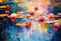 A serene painting featuring vibrant water lilies blooming in a calm pond, their colors mirrored in the still