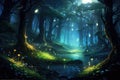 A serene painting of a lush forest, complete with a tranquil pond and enchanting fireflies, An enchanting moonlit forest with
