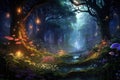 A serene painting of a lush forest with a gentle stream flowing through its midst, An enchanting forest scene populated with