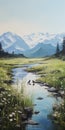 Serene Painting Of A River And Mountains In Naturalistic Style
