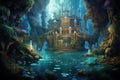 A serene painting showcasing a castle nestled in the midst of a lush forest, An enchanting scene of a mermaid lagoon, AI Generated Royalty Free Stock Photo