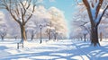 A serene painting of a snowy park with benches and trees. This picture can be used to depict a peaceful winter landscape
