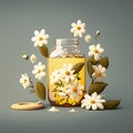 A Serene Pale Blue Background with an open Jar of Honey, Encircled by Chamomile Flowers and Leaves, Conveying Natural Beauty and