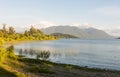 Serene panorama of the calm waters of Panguipulli Lake, from the village of Panguipulli. Patagonian area, Chile