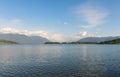 Serene panorama of the calm waters of Panguipulli Lake, from the village of Panguipulli. Patagonian area, Chile