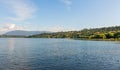 Serene panorama of the calm waters of Panguipulli Lake, from the village of Panguipulli. Patagonian area, Chile