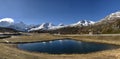 Panoramic View of a Deep Blue Mountain Lake on the Simplon Pass Framed by Snow-Capped Peaks in the Swiss Alps Royalty Free Stock Photo