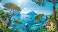 Serene Panoramic View of Capri Island, Boats, Pine Trees, and Azure Waters under Blue Sky Royalty Free Stock Photo