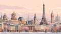 Serene Paris Cityscape at Dusk with Cherry Blossoms and Landmarks Royalty Free Stock Photo